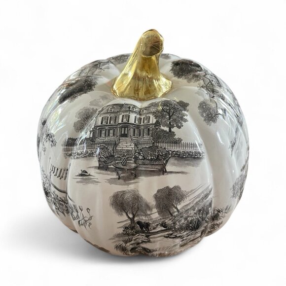 Mackenzie Childs NY Estate Black Toile Pumpkin Gold Stem 11" Rare Autumn Decor - Picture 4 of 11
